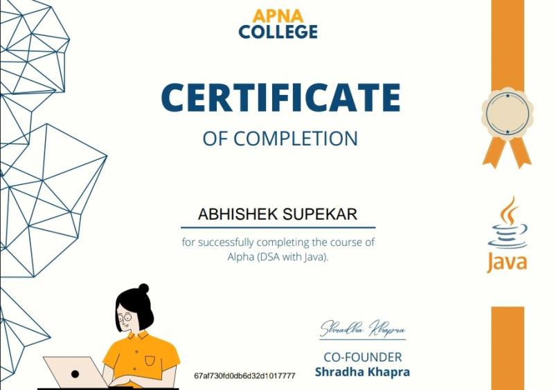 Certificate for Data Structures & Algorithms, Apna College